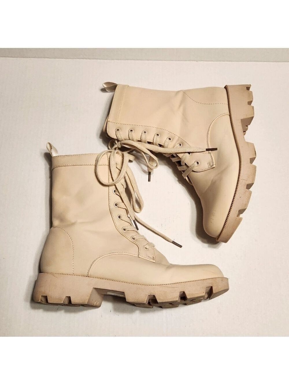 Faux Leather Lace Up Platform Ankle Combat Boots Cream Size 8 - Picture 2 of 11